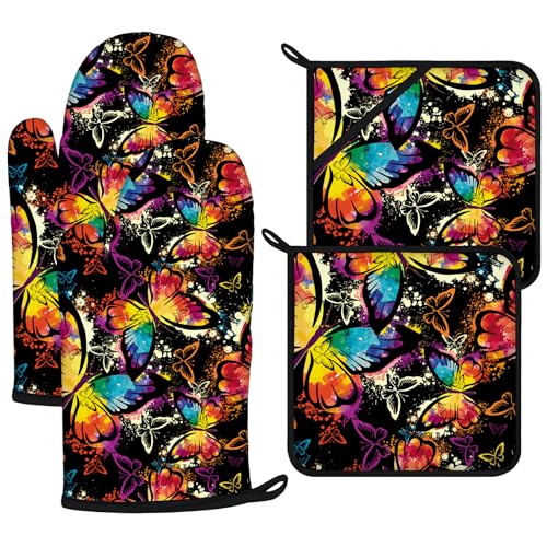 Colorful Butterfly Oven Mitts and Pot Holders Sets 4Pcs (Colorful Butterfly)