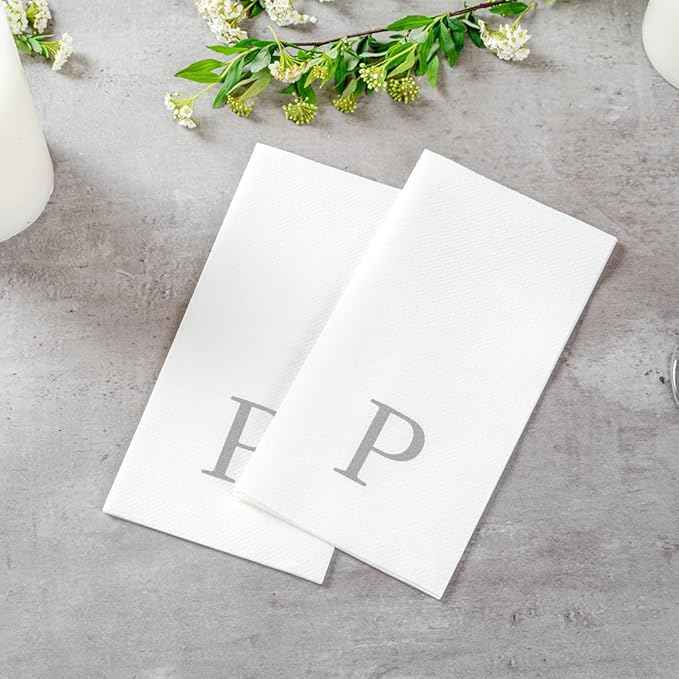 Luxenap 15.8 X 7.9 Inch Linen-Feel Guest Towels, 50 Lettered Hand Towels - Silver Letter 'P', Sans Serif Font, White Paper Dinner Napkins, airlaid, For Restrooms And Tables - Restaurantware