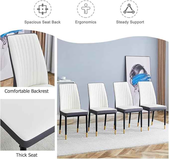 Modern Dining Chairs Set - Off-White PU Leather Armless Chairs with Metal Legs for Dinner Room, Office, Waiting Room (Set of 8)