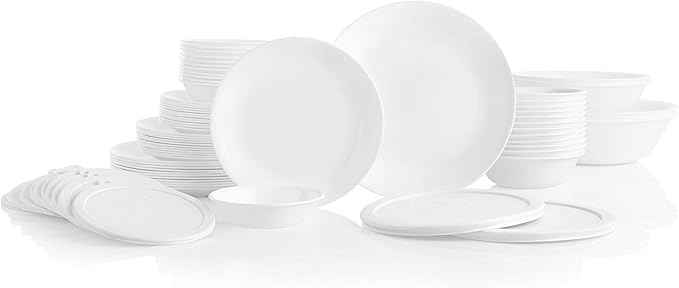 Corelle Vitrelle 78-Piece Service for 12 Dinnerware Set, Triple Layer Glass and Chip Resistant, Lightweight Round Plates and Bowls Set, Winter Frost White
