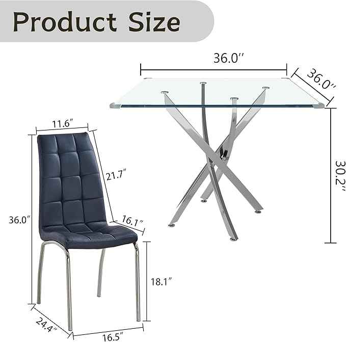 5 Piece Square Glass Dining Table Set, Round Tempered Glass Kitchen Table for 4, Modern Table with 4 High-Back Upholstered Chairs for Kitchen Dining Room (Silver Legs, 4 Black Chairs)