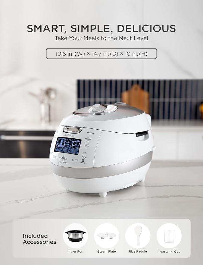 CUCKOO High Pressure Rice Cooker 6-Cup Uncooked / 12-Cup Cooked with Induction Heating Technology, Versatile Rice Maker with 16 Menu Options and Steam Plate, Voice Guide, White (CRP-BHSS0609F)