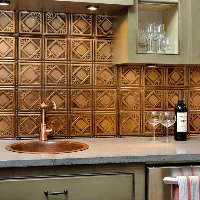 American Tin Ceilings Tin Backsplash [5-Pack with Trim Kit] in Pattern #19 and Silver Washed White Color 24" x 24" (20 Sq Ft) for Kitchens | Genuine Tin | Made in The USA | Model: kit5-b-p19-sww