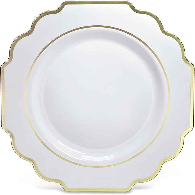 " OCCASIONS " 640 Piece set (80 Guests)-Heavyweight Wedding Party Disposable Plastic Plate Set - 80 x 10.5'' + 80 x 8'' + Silverware + Cups + Napkins (Imperial White & Gold)