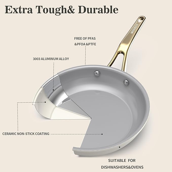 7-Piece Ceramic Nonstick Cookware Set with Lids - PFAS/PTFE/PFOA Free, Interior & Exterior Ceramic Coating -Easy to Clean- Kitchen Storage-All Stovetop Compatible & Oven-Safe up to 480°F