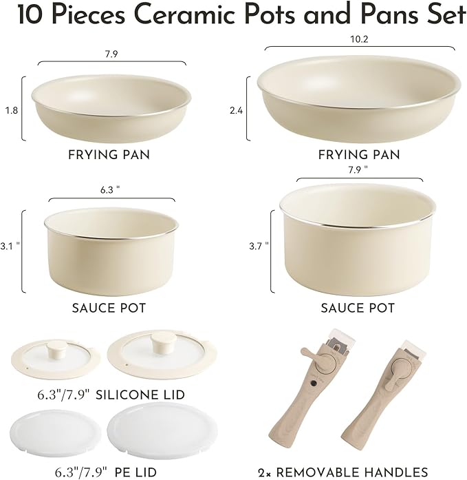 Heapsion 10-Piece Ceramic Nonstick Cookware Set, PFAS/PFOA/PTFE-Free & Non-Toxic Pots and Pans Set with Detachable Handles, Dishwasher Safe & Induction Compatible for Kitchen & RV Cooking