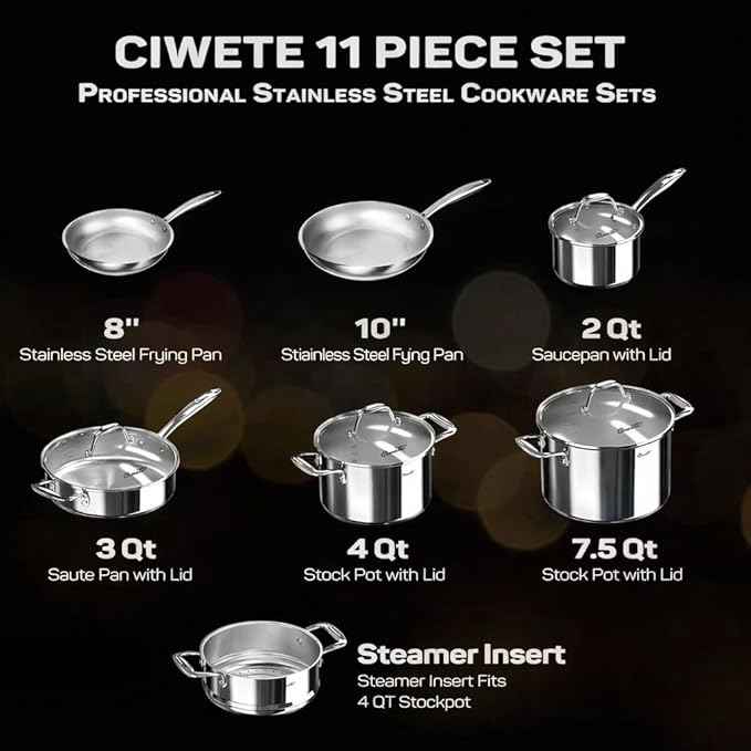11-Piece Tri-Ply Stainless Steel Pots and Pans Set, 18/10 Stainless Steel Cookware Set with Steamer Insert, Induction Kitchen Cookware Sets with Cool Ergonomic Handles, Dishwasher, Oven Safe
