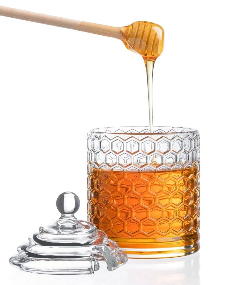 Glass Honey Pot with Beehive Lid and Wooden Dipper