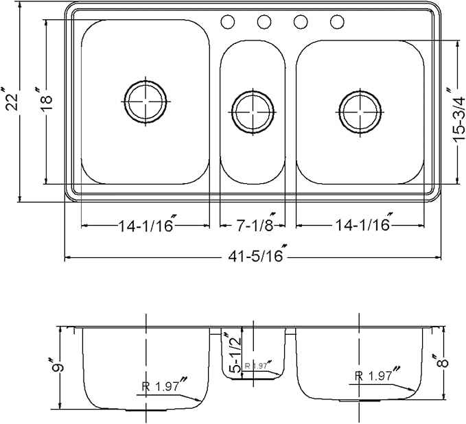 Houzer Stainless Steel PGT-4322-1 Premiere Gourmet Series - Topmount 4-Hole Triple Bowl Kitchen Sink, Premium Corrosion Resistant Quality, Ideal for Kitchen and Bar Use, Includes 2 Basket Strainers