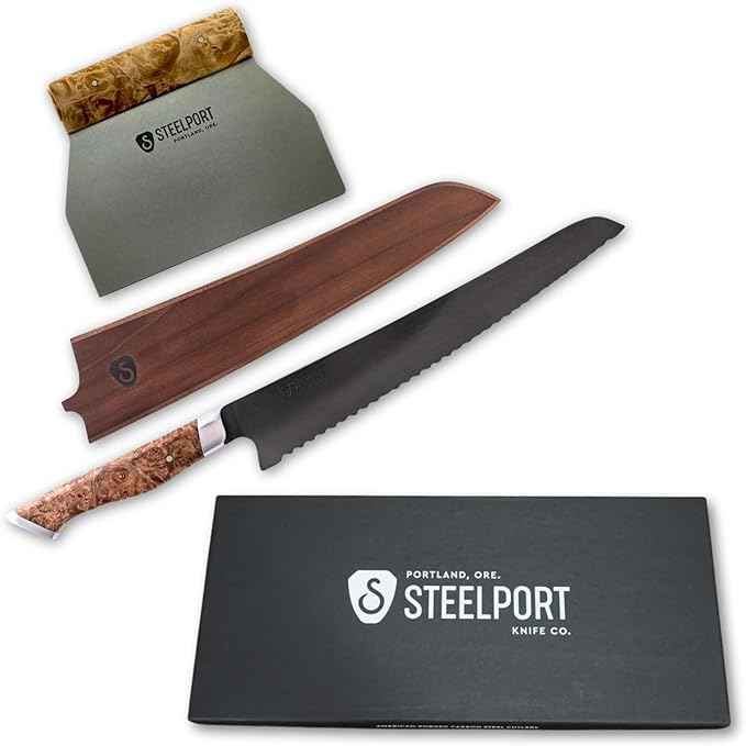 STEELPORT Sourdough Tool Set (3 Pcs.) – 10” Carbon Steel Serrated Bread Knife, Stainless Steel Bench Scraper & Wooden Sheath | Professional Artisan Baking Kit for Homemade Bread, Made in USA