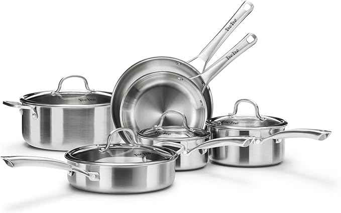 Stainless Steel Cookware Set,Tir-Ply Pots and Pans Set,10 Pcs Stainless Steel Induction Kitchen Cookware Sets,PFOA Free, Frying Pans, Butter warmer,Saute Pan & Stock Pot,Compatible with All Cooktops