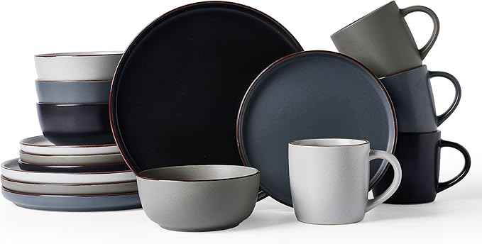 Famiware Mercury Dinnerware Sets with Mugs, Service for 4 (16 Pieces), Plates and Bowls Sets, Microwave and Dishwasher Safe Dishes Set, Multi-color