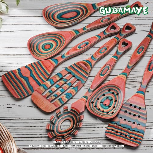 Pakkawood 7 Piece Wooden Cooking Utensils (Pinkish-Orange)