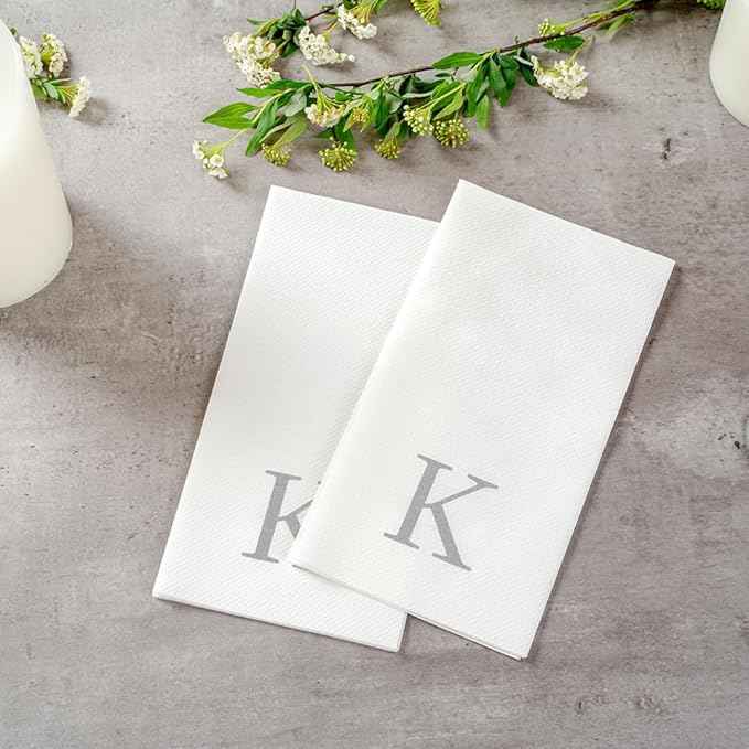 Luxenap 15.8 X 7.9 Inch Linen-Feel Guest Towels, 50 Lettered Hand Towels - Silver Letter 'K', Sans Serif Font, White Paper Dinner Napkins, airlaid, For Restrooms And Tables - Restaurantware