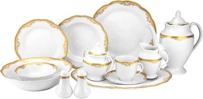 Euro Porcelain 57 piece Banquet Dinnerware Set with Scalloped Edges - Luxury Tableware Dining Service for 8