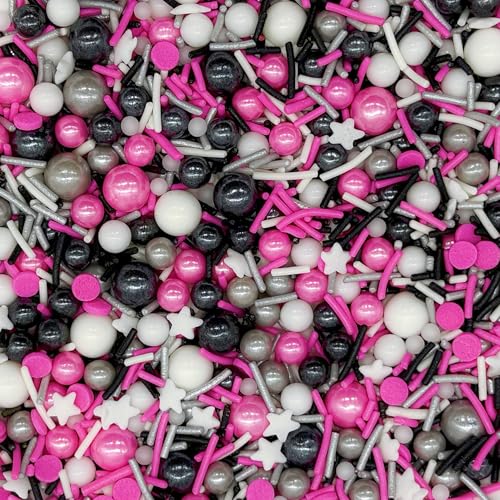 Silver & Black & Pink & White Sprinkles Mix Size Pearls Mouse Rock Themed Cake Decorations Cupcake Toppers Perfect for Wedding Valentine Supplies 4.58OZ (Silver&Black& Pink&White)