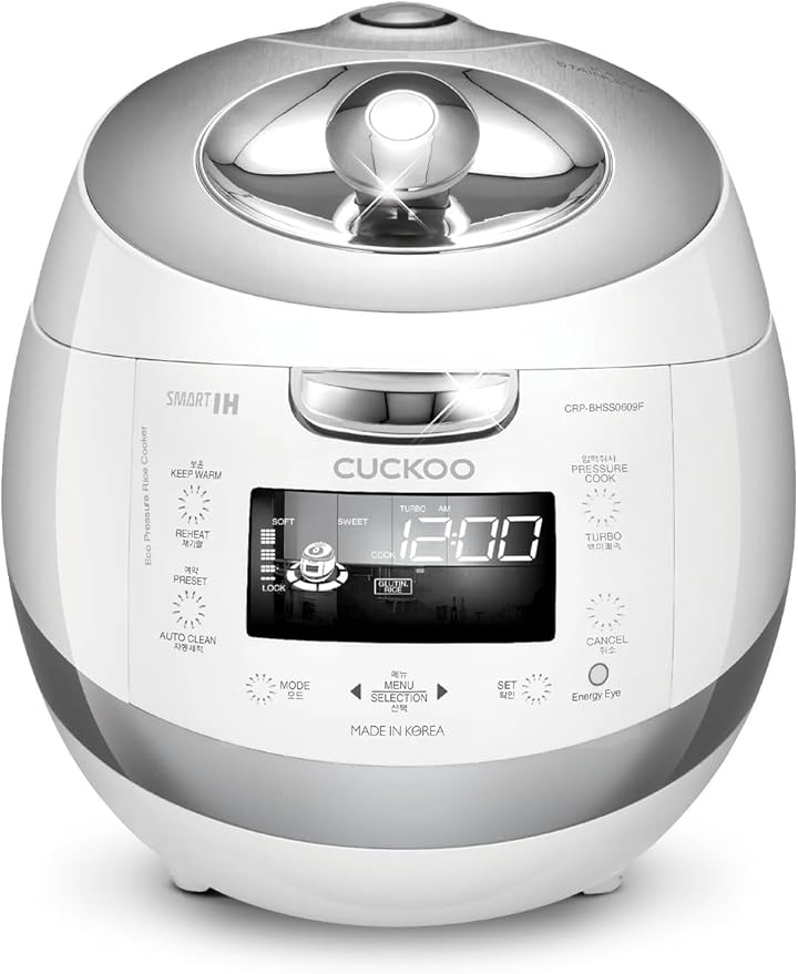 CUCKOO High Pressure Rice Cooker 6-Cup Uncooked / 12-Cup Cooked with Induction Heating Technology, Versatile Rice Maker with 16 Menu Options and Steam Plate, Voice Guide, White (CRP-BHSS0609F)