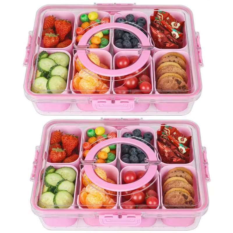 2Pcs Snackle Box Snack Containers with Lid Divided Serving Tray with Handle (8 Compartments-2pcs / Pink)