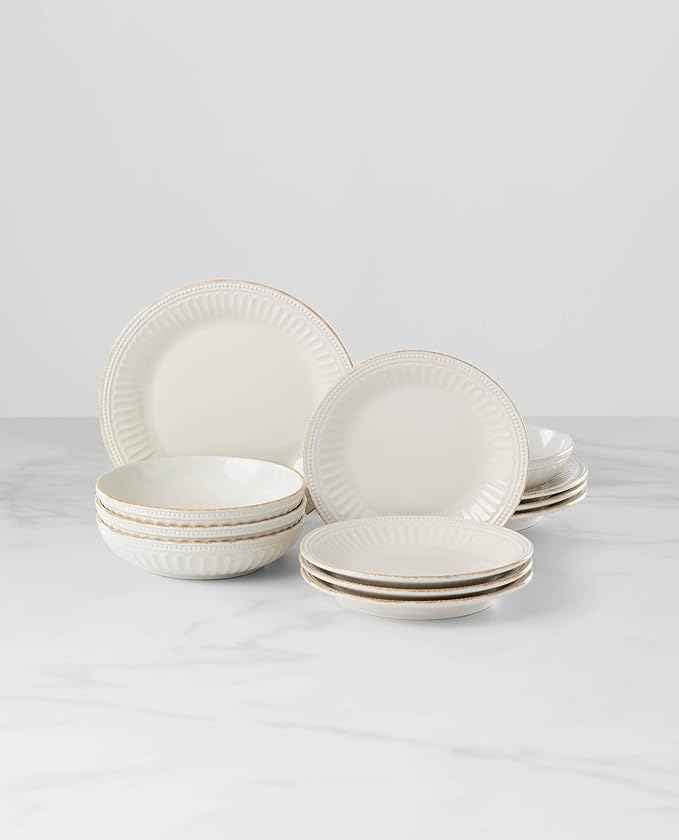 Lenox 891196 French Perle Groove White 12-Piece Pasta Bowl Dinnerware Set, Service For 4