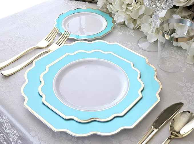 " OCCASIONS " 320 Piece set (40 Guests)-Heavyweight Wedding Party Disposable Plastic Plate Set - 40 x 10.5'' + 40 x 8''+Silverware+Cups+Napkins (Imperial Aqua & Gold))
