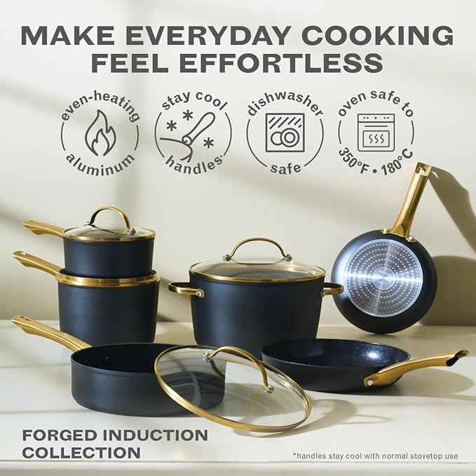Farberware Forged Induction Ceramic Nonstick Pots and Pans Set with Lids and Kitchen Cooking Tools - Dishwasher Safe, Suitable for All Stovetops, 12 Piece Cookware Set - Black and Gold