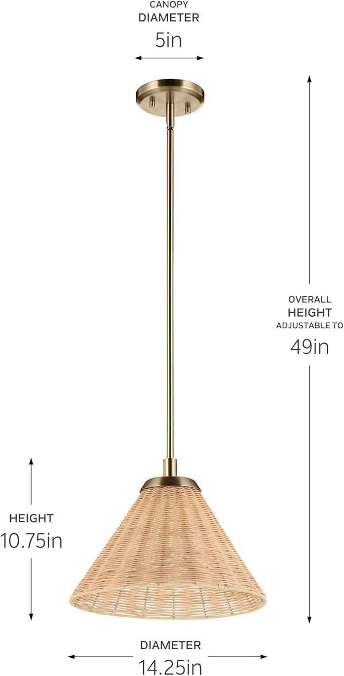Kichler Bekah 1-Light Convertible Pendant, Global Boho LIght with Opal Glass and Handwoven Rattan Shade in Champagne Bronze, Sloped Ceiling Compatible, for Kitchen or Foyer (10.75" x 14.25"), 52728CPZ