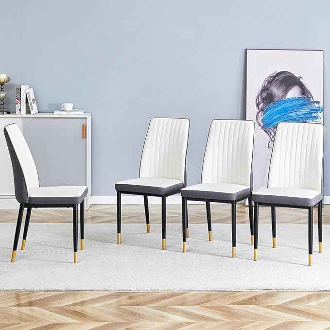 Modern Dining Chairs Set - Off-White PU Leather Armless Chairs with Metal Legs for Dinner Room, Office, Waiting Room (Set of 4)