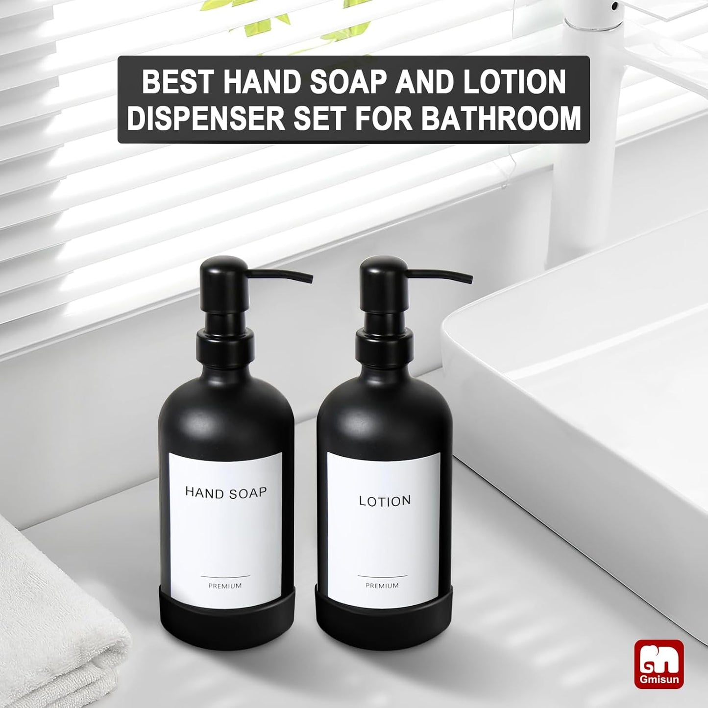 GMISUN Black Soap Dispenser with Silicone Sleeve Boot, 2 Pack Glass Bathroom Hand Soap Dispensers with Stainless Steel Pump, 17 Fl Oz Kitchen Hand and Dish Soap Dispenser Set, Liquid Dispensers Bottle