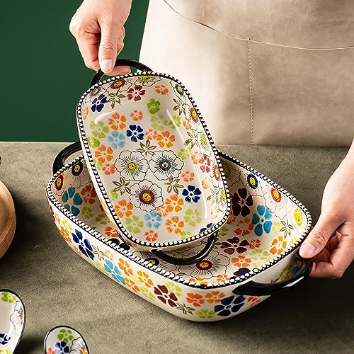 Retro pastoral style Ceramic Baking Dish Rectangular Bakeware Set Baking Pan (Green Traces)
