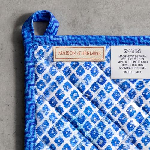100% Cotton Oven Mitt & Pot Holder Set (027 - Indigo Love / 7.5" x 13" & 8" x 8" (Oven Mitt & Pot Holder))