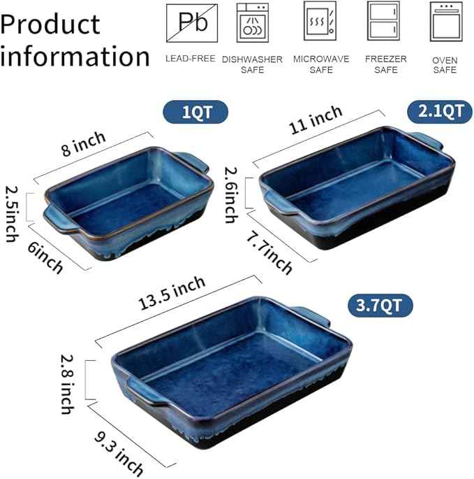 KOOV Bakeware Set, Ceramic Baking Dish, Rectangular Casserole Dish, Lasagna Pan, Baking Pans for Cooking, Cake Dinner, Kitchen, 9 x 13 Inches, Reactive Glaze 3-Piece (Nebula Blue)