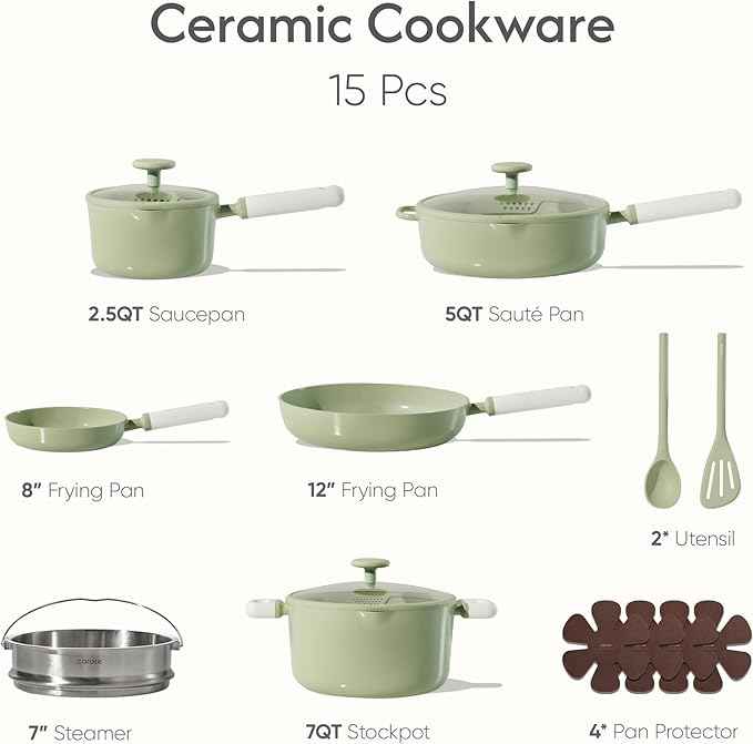 CAROTE Pots and Pans Set Non stick, 15pcs Ceramic Cookware Set Nonstick Non Toxic Cookware,Dishwasher,RV/Camping Cookware Set,Green