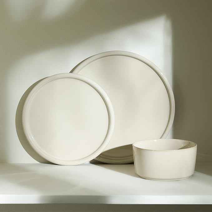 Stone Lain Eden 12-Piece Dinnerware Set Stoneware, Plates and Bowls Set, Dishwasher and Microwave Safe Dish, Dish Set for 4, Beige