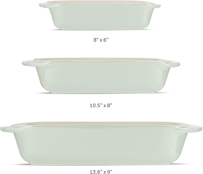Tramontina Mae 3-Piece Ceramic Porcelain Baking Pans Set, Non Stick Casserole Dishes for Oven, Rectangular Bakeware for Lasagna, Cakes and Loafs (Mint)