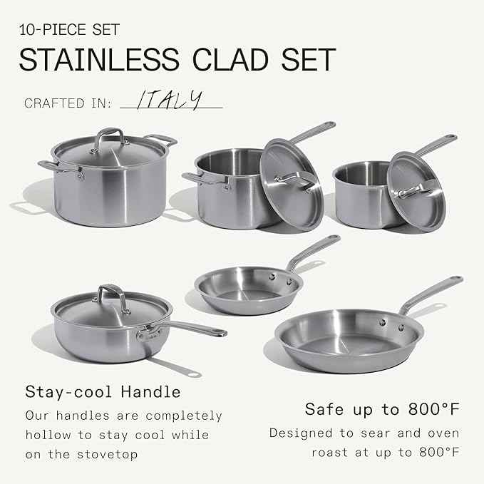 Made In Cookware | 10 Piece Stainless Steel Pot and Pan Set | 5 Ply Clad - Includes Stainless Steel Frying Pans, Saucepans, Saucier and Stock Pot W/Lid | Professional Cookware | Crafted in Italy