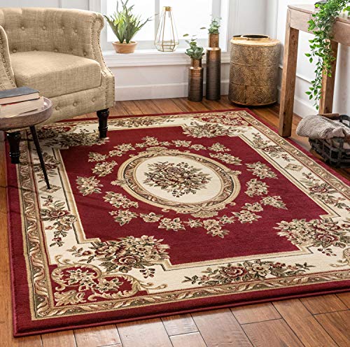 Pastoral Medallion Red French European Formal Traditional Area Rug (5'3" x 7'3" (Rectangular) / Red)