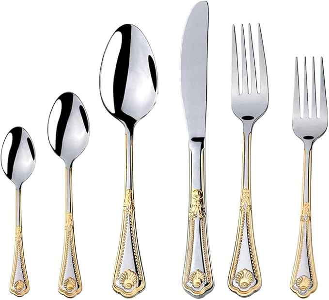 "Seashell" 75-Piece Fine Flatware Set, Silverware Cutlery Dining Service for 12, Premium 18/10 Surgical Stainless Steel, 24K Gold-Plated Hostess Serving Set