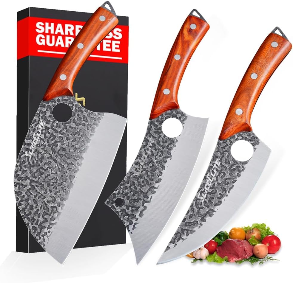 3 Piece BBQ Knife Set Serbian Chef Knife Meat Cleaver Viking Kitchen Knives