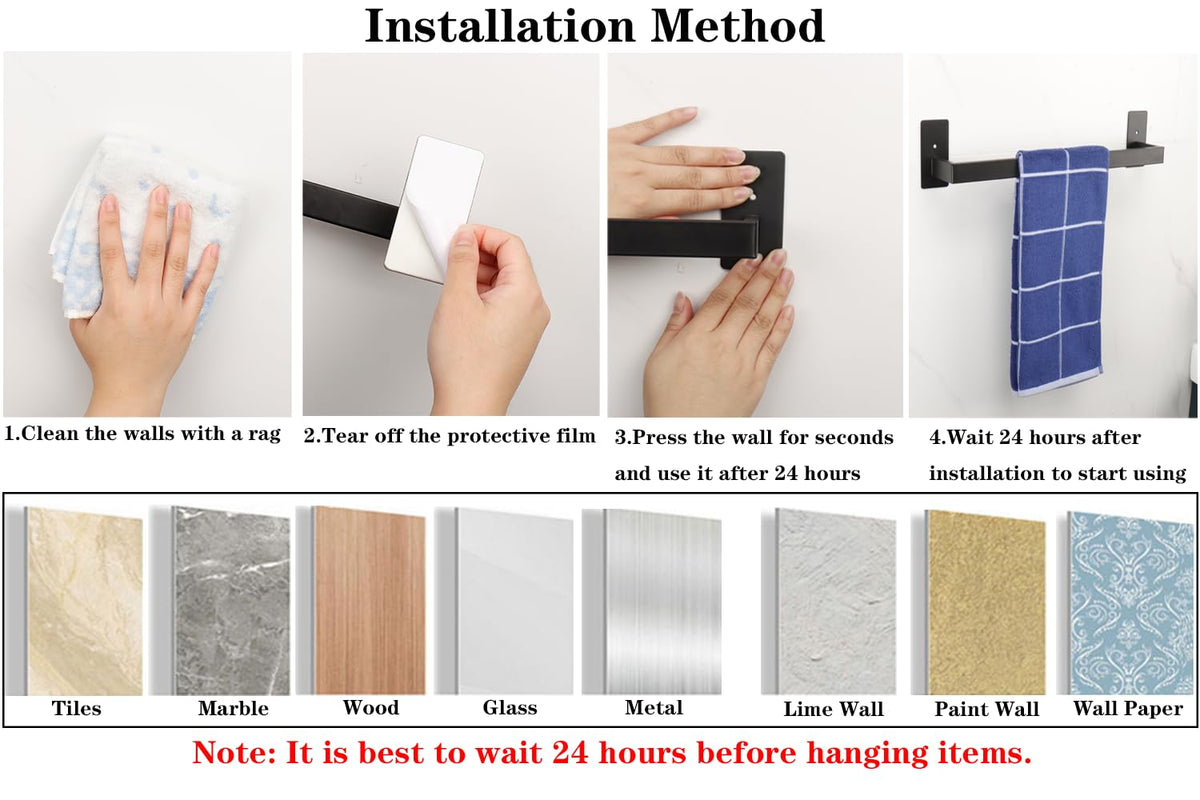 Bathroom Towel Bar Self Adhesive (Black / 16 IN)