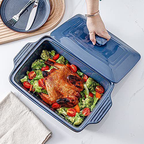 Ceramic Casserole Dish with Lid Oven Safe (Dark Blue)