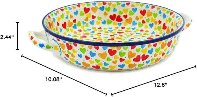 Polmedia Polish Pottery Round Baker with Handles 10-inch UNIKAT - In Love With Love Pattern Handmade in Boleslawiec Poland by Ceramika Artystyczna + Certificate of Authenticity