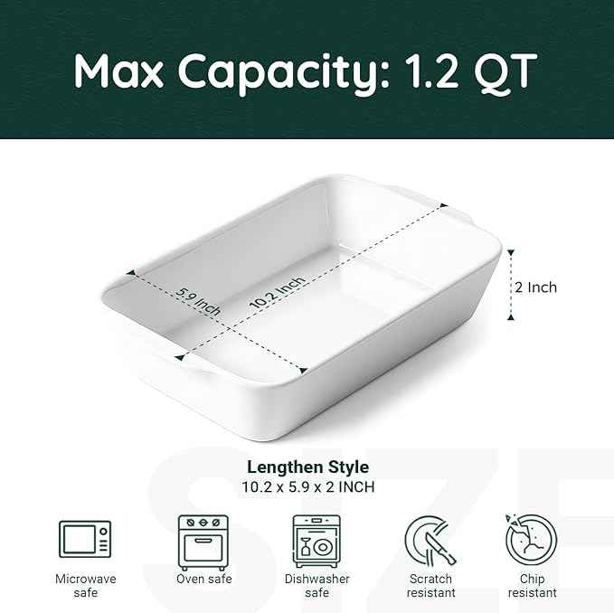 HOMBENE 1.2 QT White Casserole Dish, Lasagna Pan for Oven, Bakeware for Baking, Small Ceramic Baking Dish, Kitchen Decor, Microwave Oven Safe, Dinner Party (5.9" x 10.2")