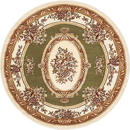 Timeless Collection Le Petit Palais Green 5' Foot Round Luxurious Traditional French Medallion Oriental Area Rug Living Room Bedroom Dining Room Easy (5'3" (Round) / Green)