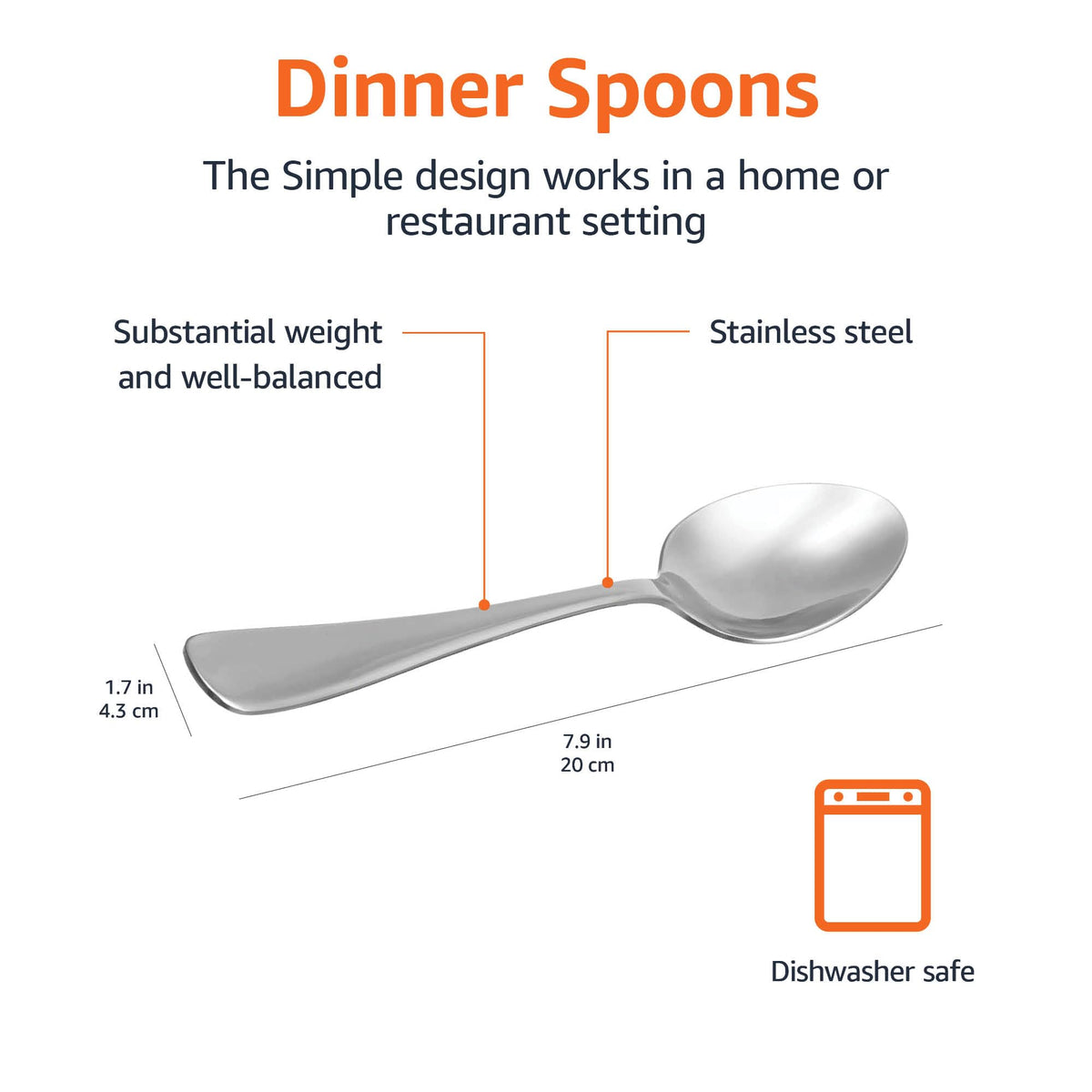 Stainless Steel Dishwasher Safe Dinner Spoons with Round Edge (7.9 inches)