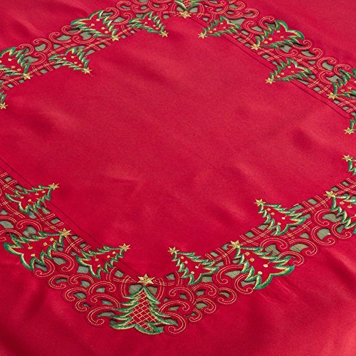 Pandoro Collection Holiday Embroidered Christmas Tree Cutwork Border 67 x 67 Inch Tablecloth (Red / 67" x 67" (Square))