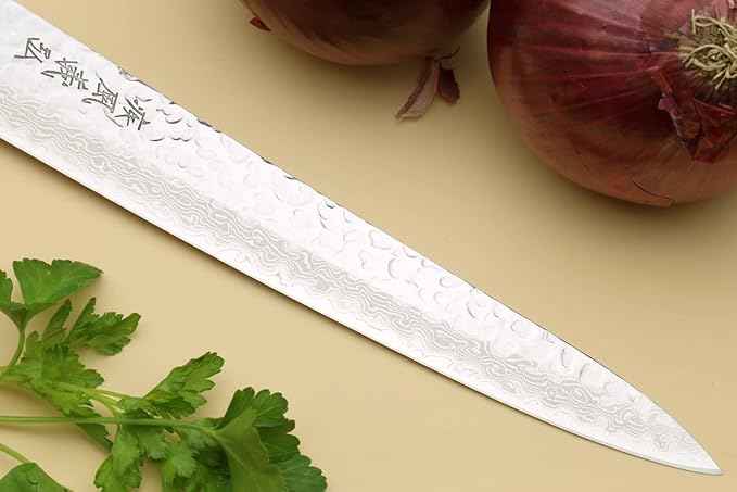 Yoshihiro VG10 16 Layer Hammered Damascus Stainless Steel Sujihiki Slicer Chefs Knife (9.5'' (240mm))