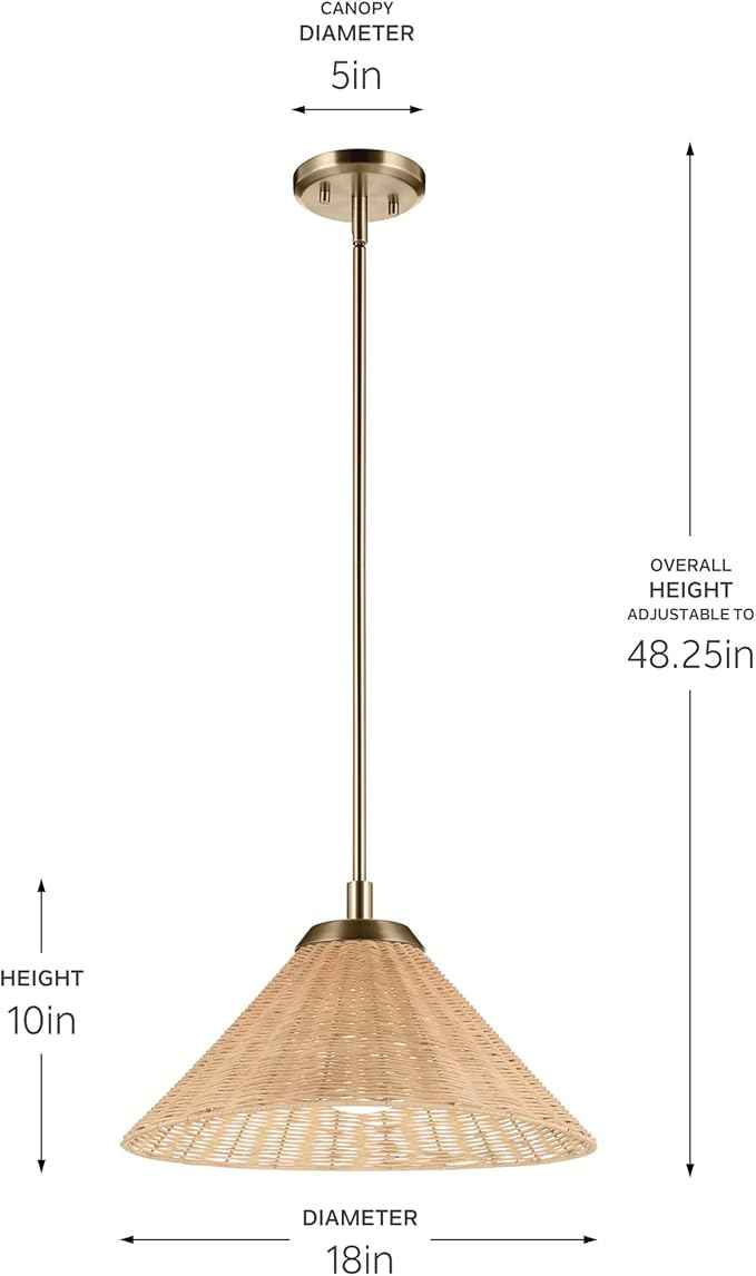 KICHLER Bekah 1-Light Convertible Pendant, Global Boho Light with Opal Glass and Handwoven Rattan Shade in Champagne Bronze, Sloped Ceiling Compatible, for Kitchen or Bedroom (10" x 18"), 52729CPZ