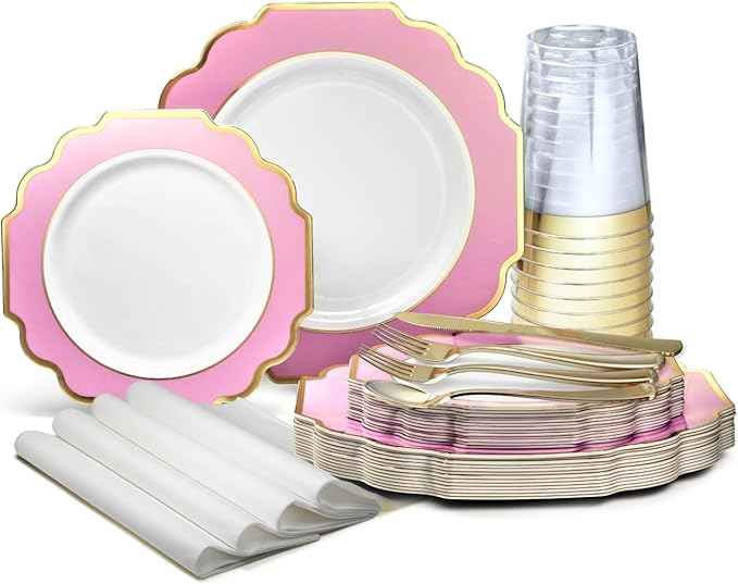" OCCASIONS " 640 Piece set (80 Guests)-Heavyweight Wedding Party Disposable Plastic Plate Set - 80 x 10.5'' + 80 x 8'' + Silverware + Cups + Napkins (Imperial in Rose Pink & Gold)