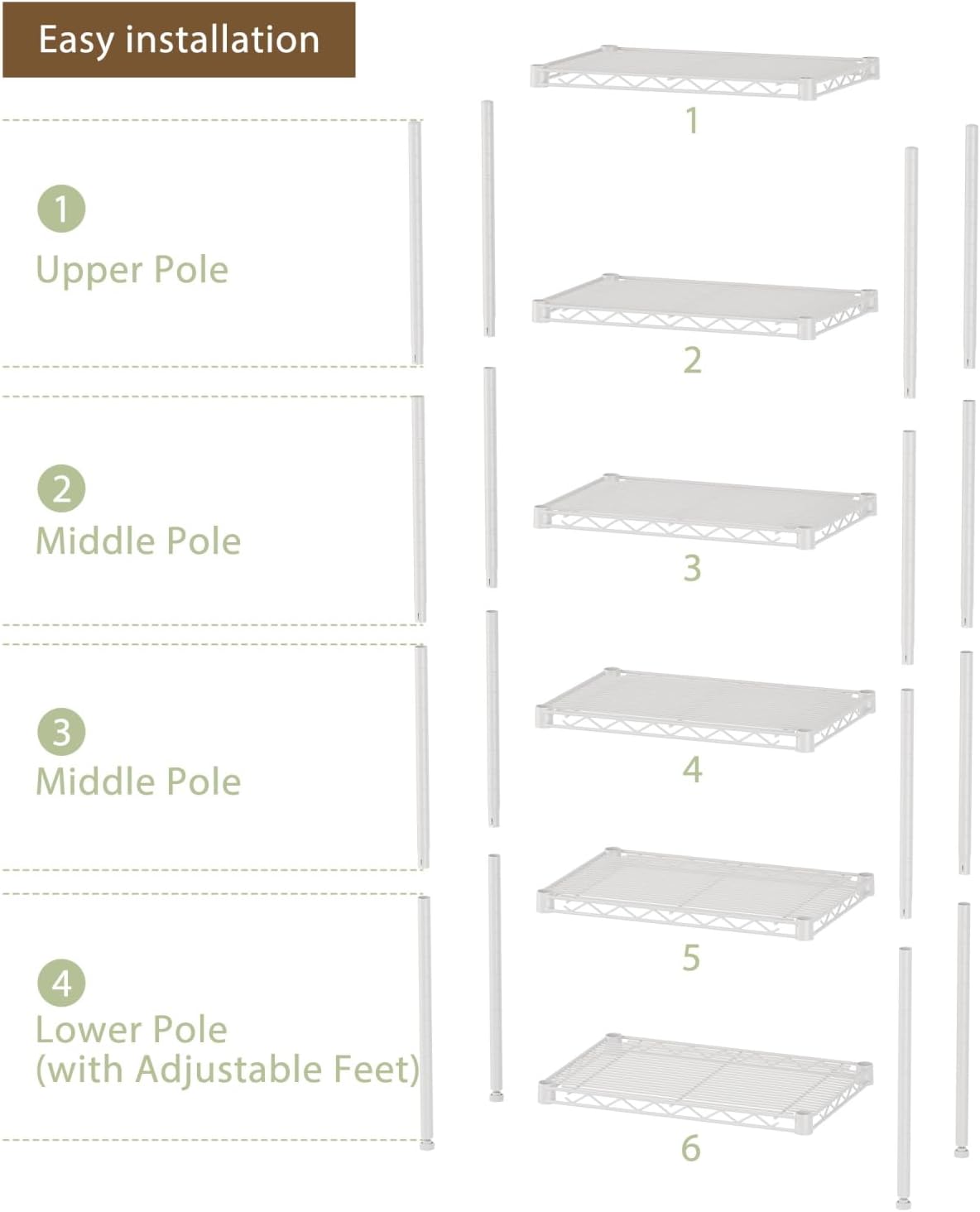 SINGAYE 6 Small Wire Shelves Kitchen Pantry Close Home Organizers and Storage Bathroom Shelf Laundry Room Organization Adjustable Book Metal Garage Shelving Unit
