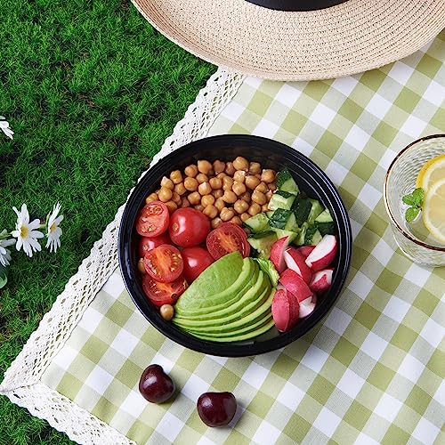 24 oz 50 ct Round Meal Prep Food Storage Containers with Lids To Go Plastic Lunch Plan Box Disposable Take Out Bowls Black BPA Free Reusable Durable Stackable Microwave Freezer Dishwasher Safe (24R-50)